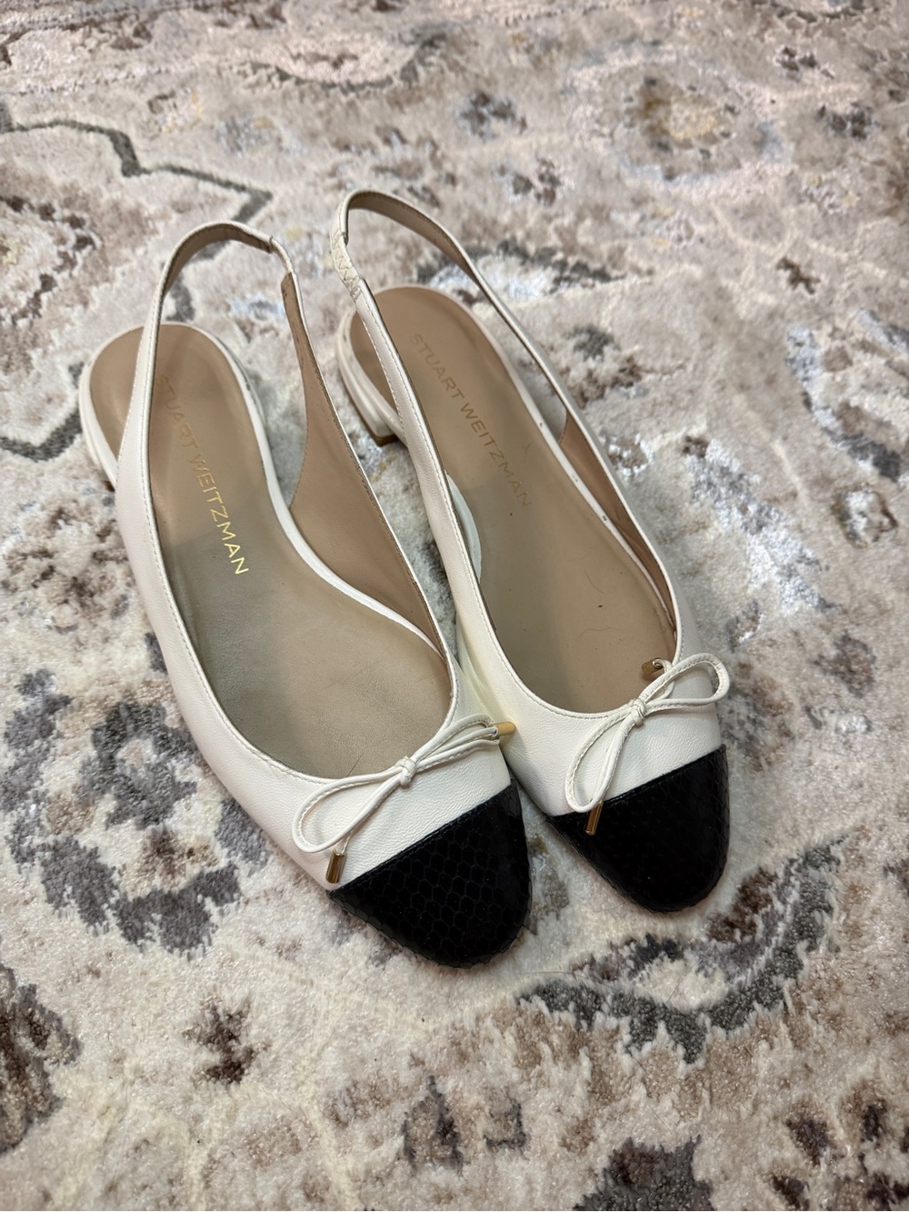 Stuart Weitzman White Slingback Flats with Black Cap Toe